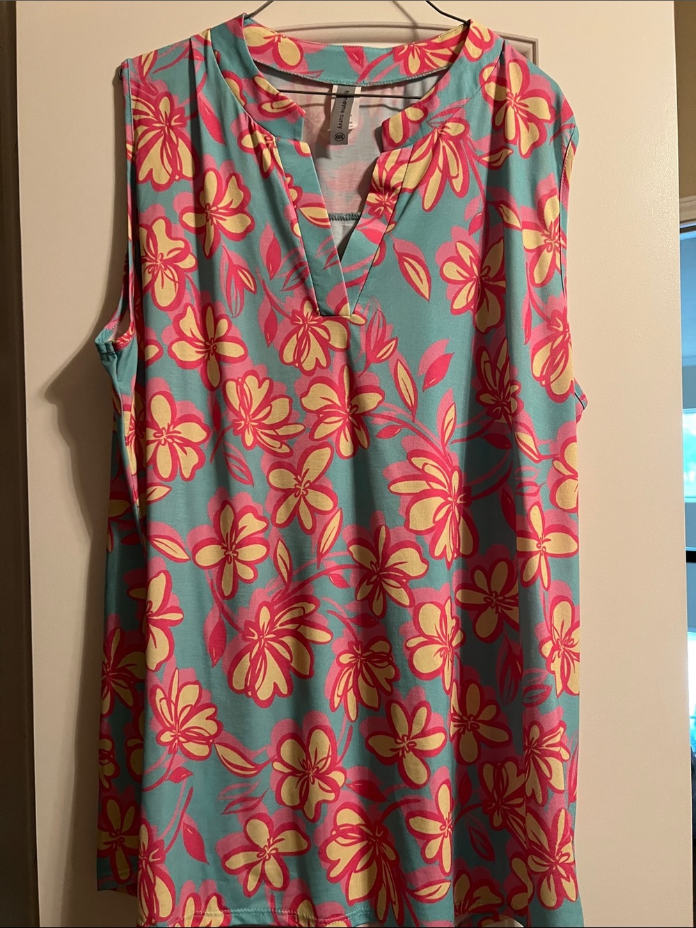 Honeyme Floral Curvy Top in Aqua, Pink & Yellow-sleeveless